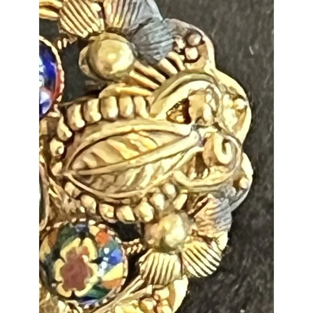 Vintage Millefiori Glass Cabuchon Brass Large Pin Brooch Gold Tone 2.5”